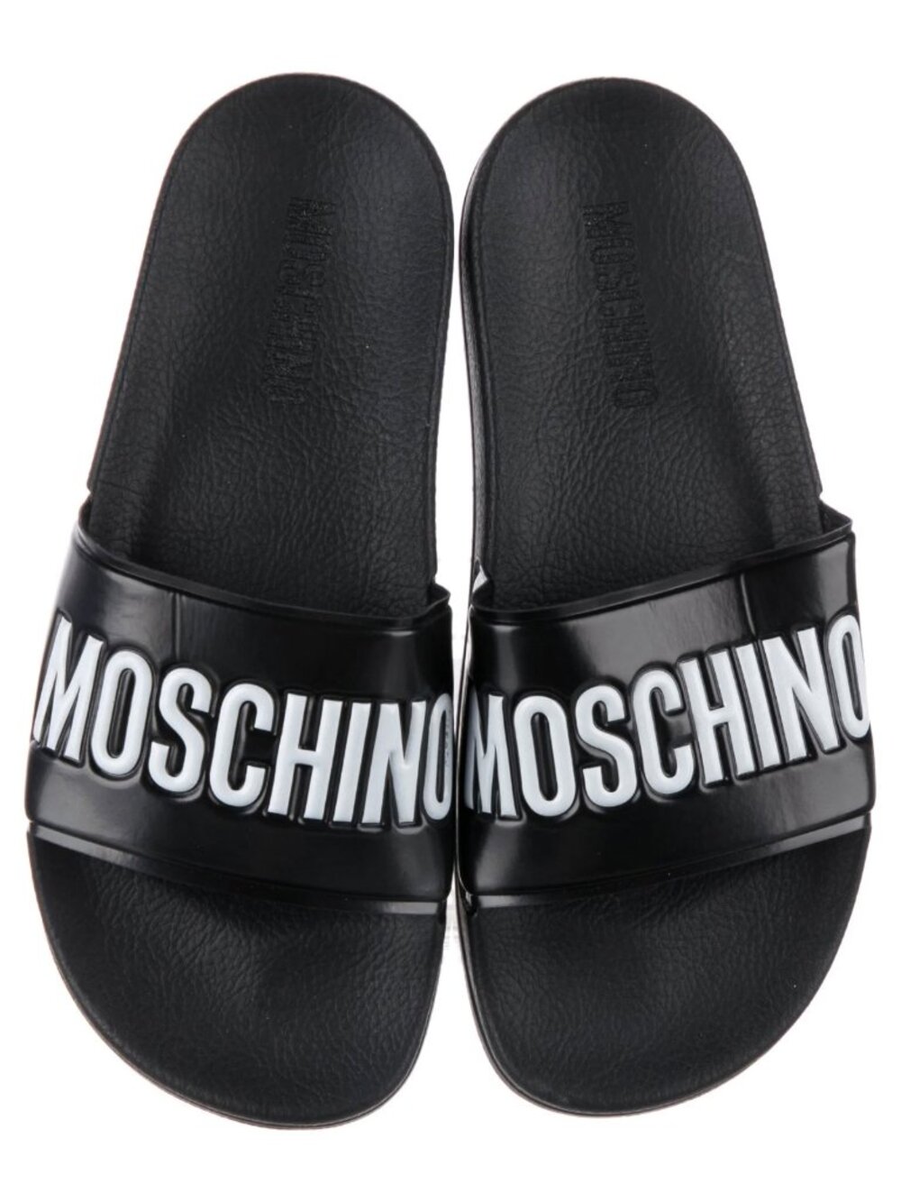MOSCHINO Black Pool Logo Slide band Sandal Slipper rubber PVC sz 7 38 NEW NWOT